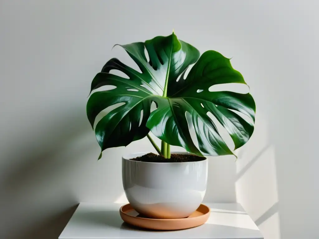 Una exuberante planta de monstera en maceta de cerámica blanca, con hojas brillantes y bien podadas, iluminada por suave luz solar