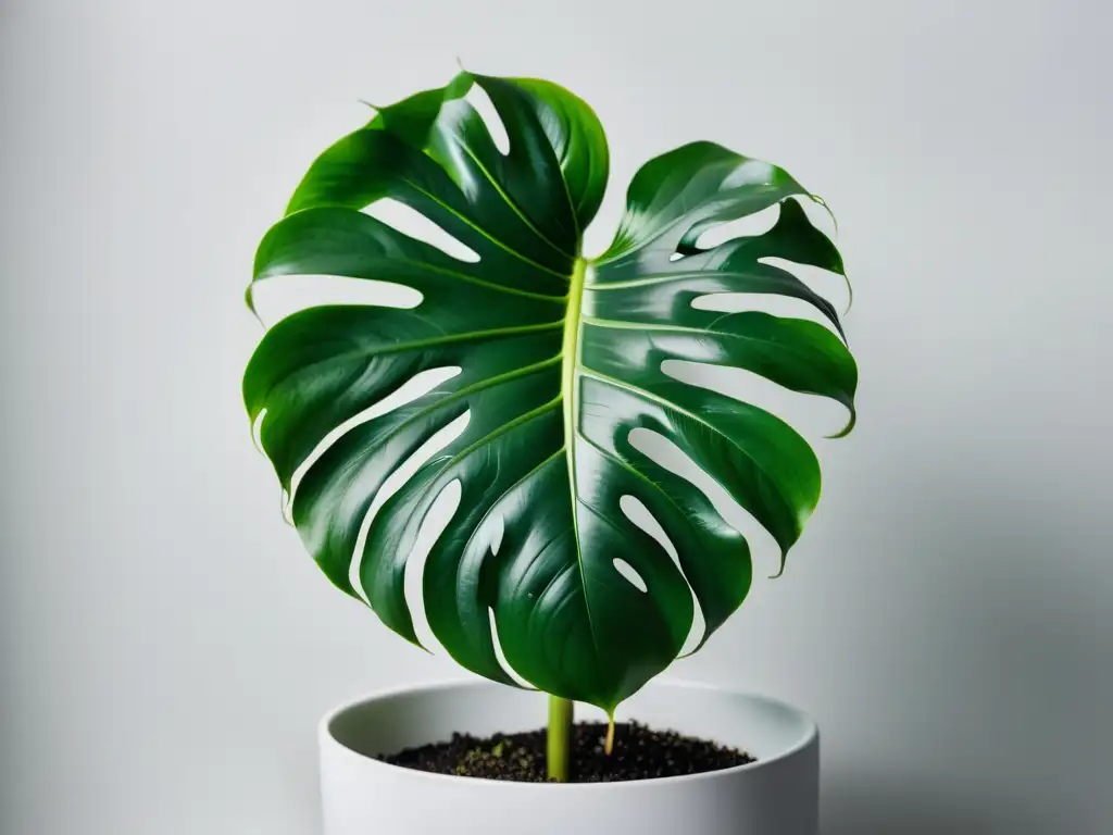 Una exuberante planta de interior monstera en maceta blanca, con hojas verdes vibrantes y detalladas