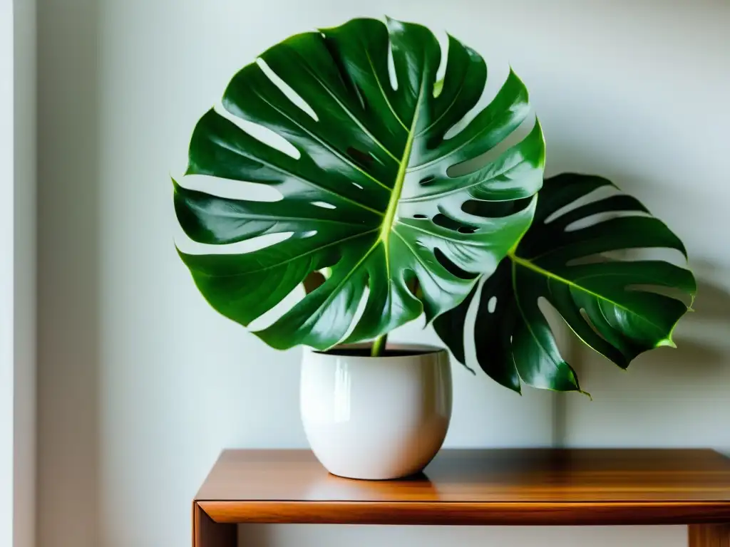 Una exuberante planta de monstera en maceta blanca sobre mesa de madera, iluminada por luz natural