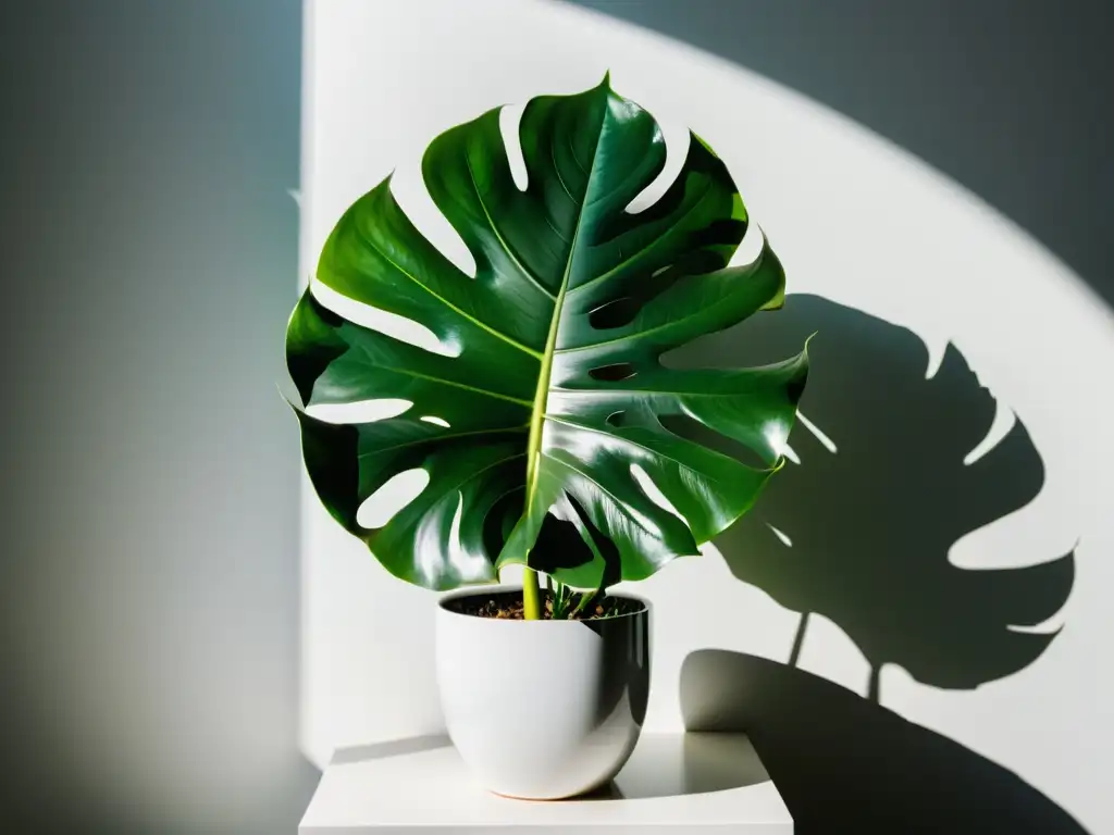 Una exuberante planta de monstera en maceta moderna contrasta con una pared blanca, bañada por la luz solar