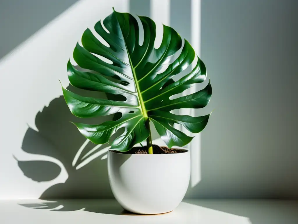 Una exuberante planta Monstera en maceta blanca, iluminada por el sol, irradiando elegancia y vitalidad