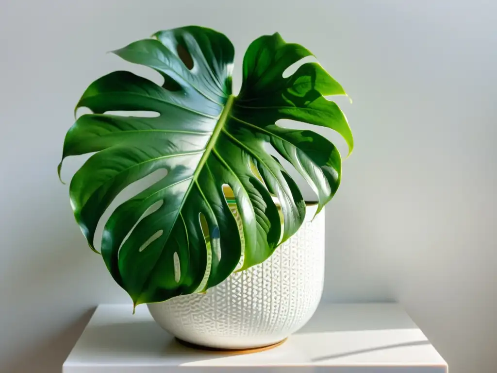 Una exuberante planta de monstera en maceta blanca, con hojas vibrantes y texturas visibles