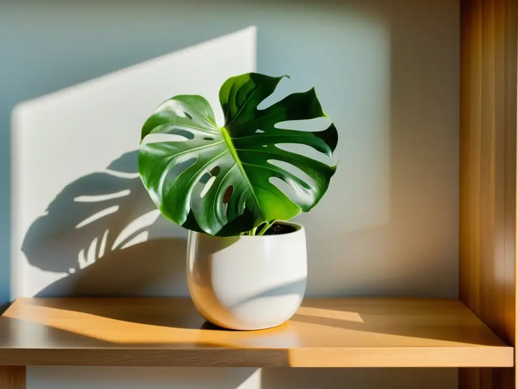 Una exuberante planta de monstera en maceta blanca sobre una estantería de madera