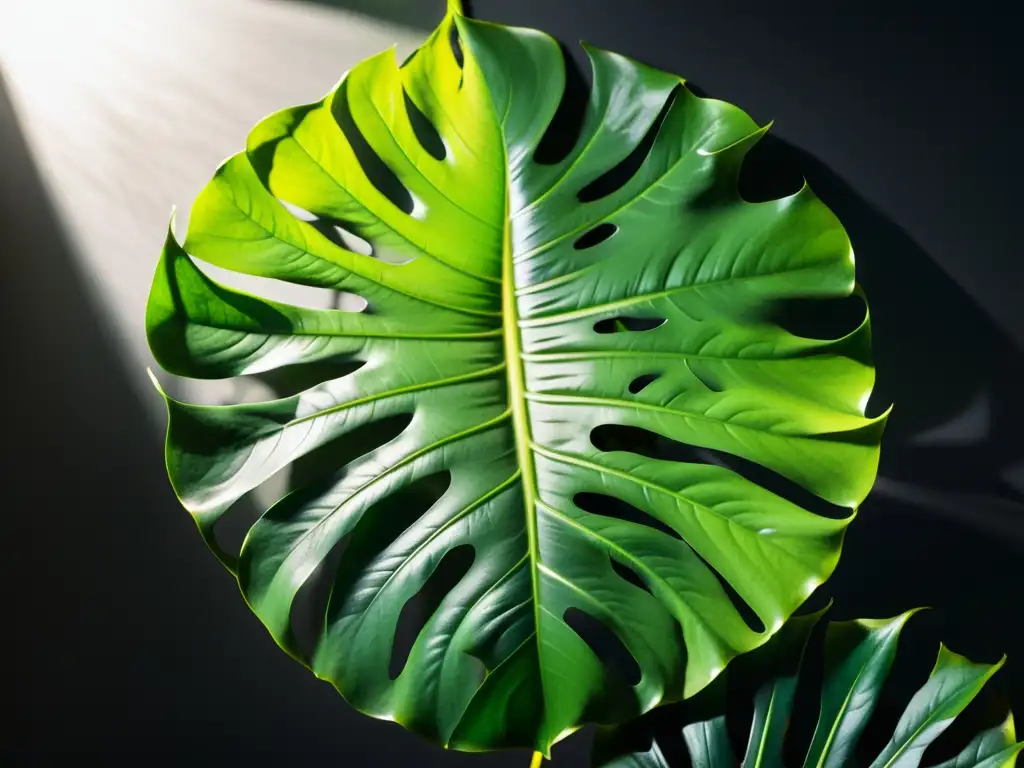 Fotografía de una exuberante planta monstera en sombras y luces, resaltando su belleza detallada y vibrante