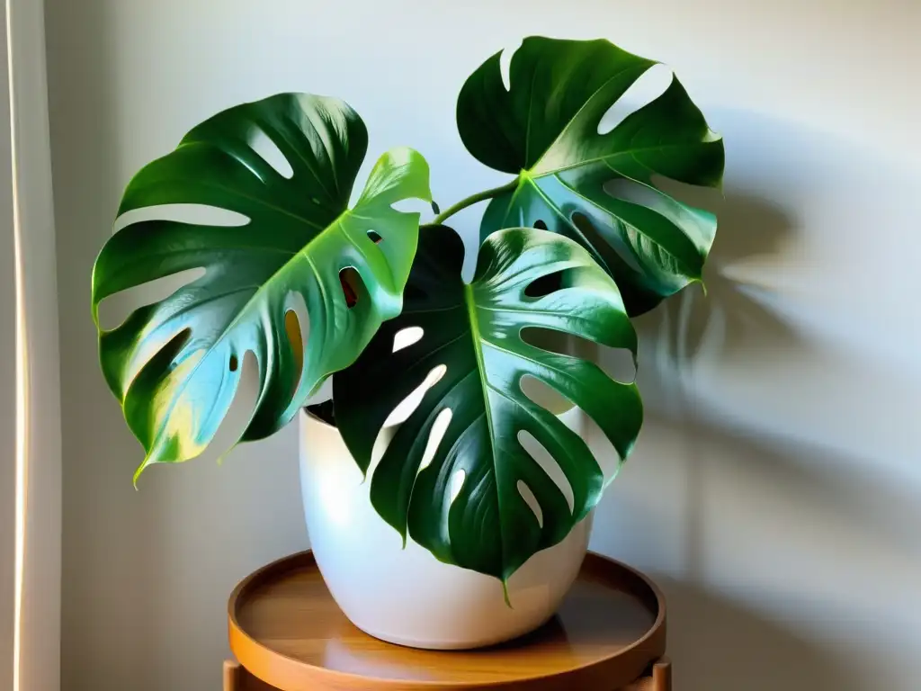 Una exuberante planta monstera verde en un elegante macetero blanco, iluminada por el cálido sol