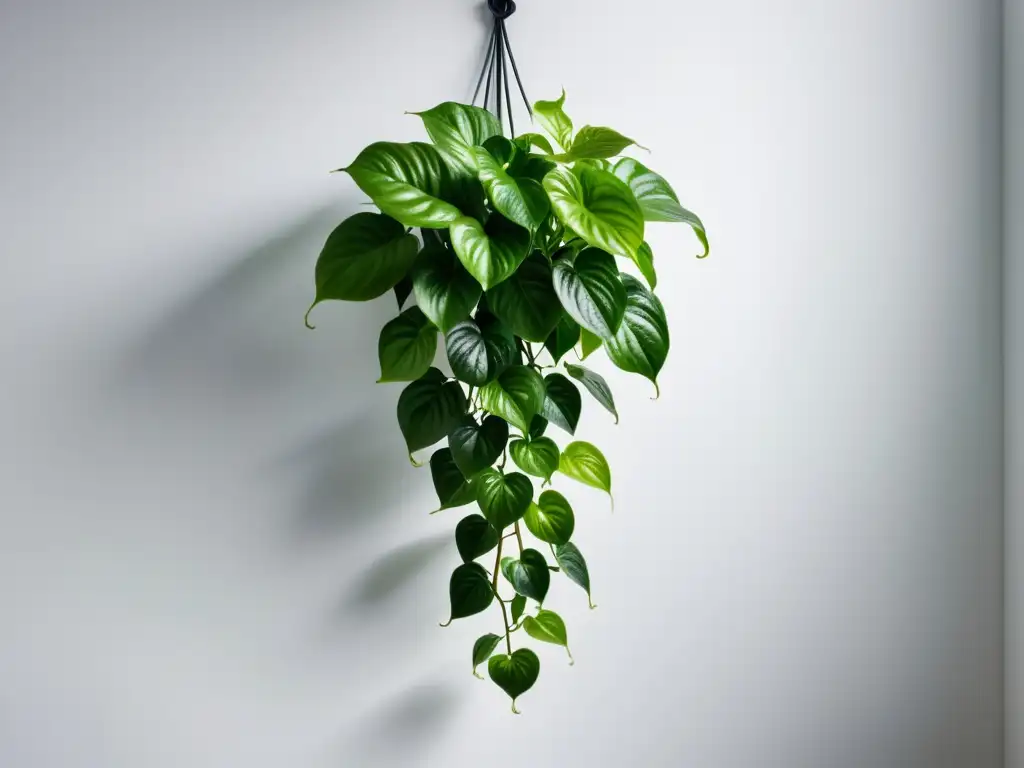 Una exuberante planta de pothos trepando con gracia por un enrejado minimalista en una pared blanca