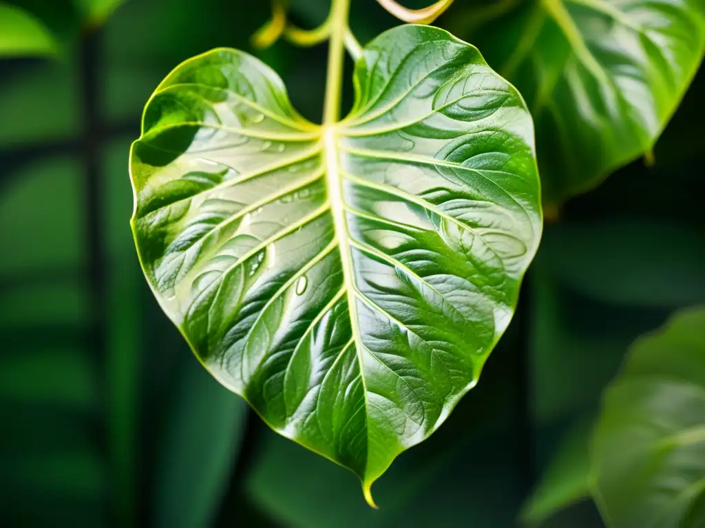 Una exuberante planta pothos en primer plano, con hojas verdes y amarillas brillantes bajo el rocío