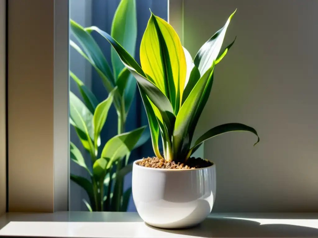 Una exuberante planta de serpiente (Sansevieria trifasciata) en maceta blanca, iluminada por el sol en un alféizar