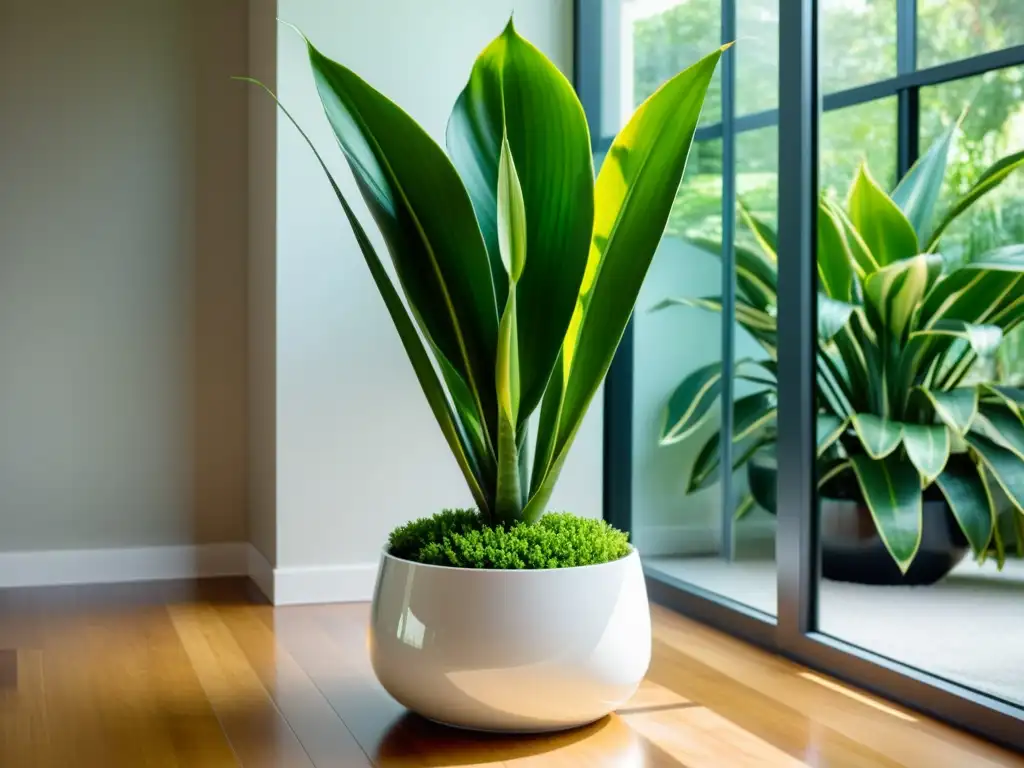 Una exuberante planta serpiente (Sansevieria trifasciata) sobre pedestal blanco, en un ambiente luminoso