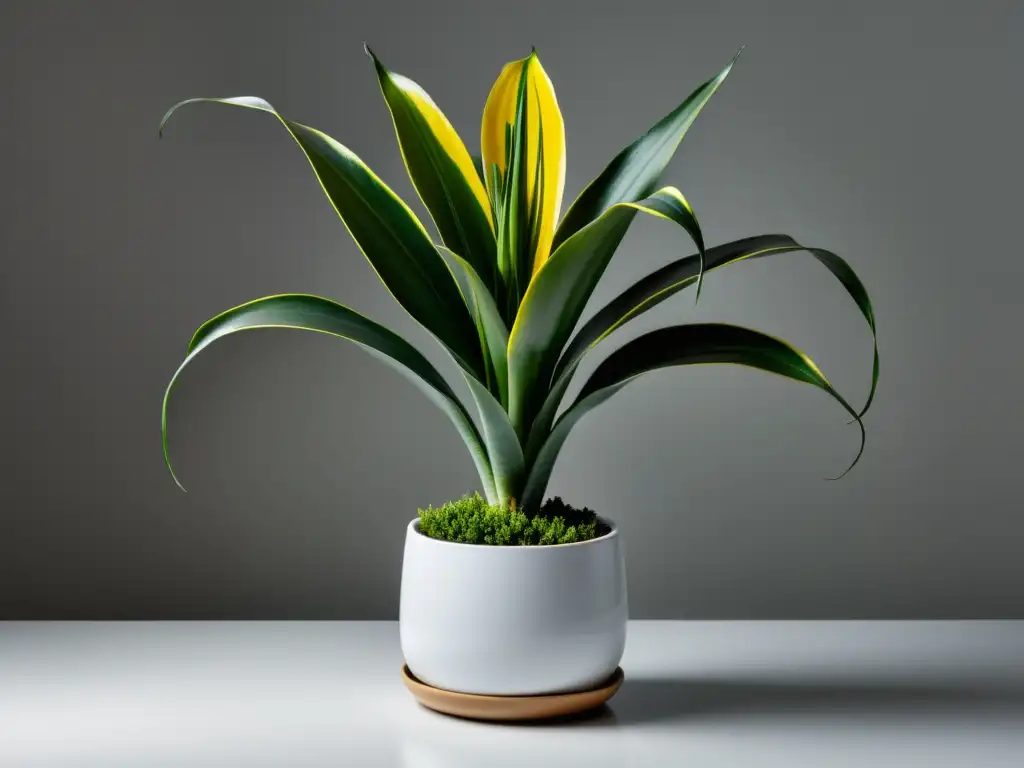 Una exuberante planta serpiente (Sansevieria) en maceta blanca moderna, crea una imagen minimalista y vibrante