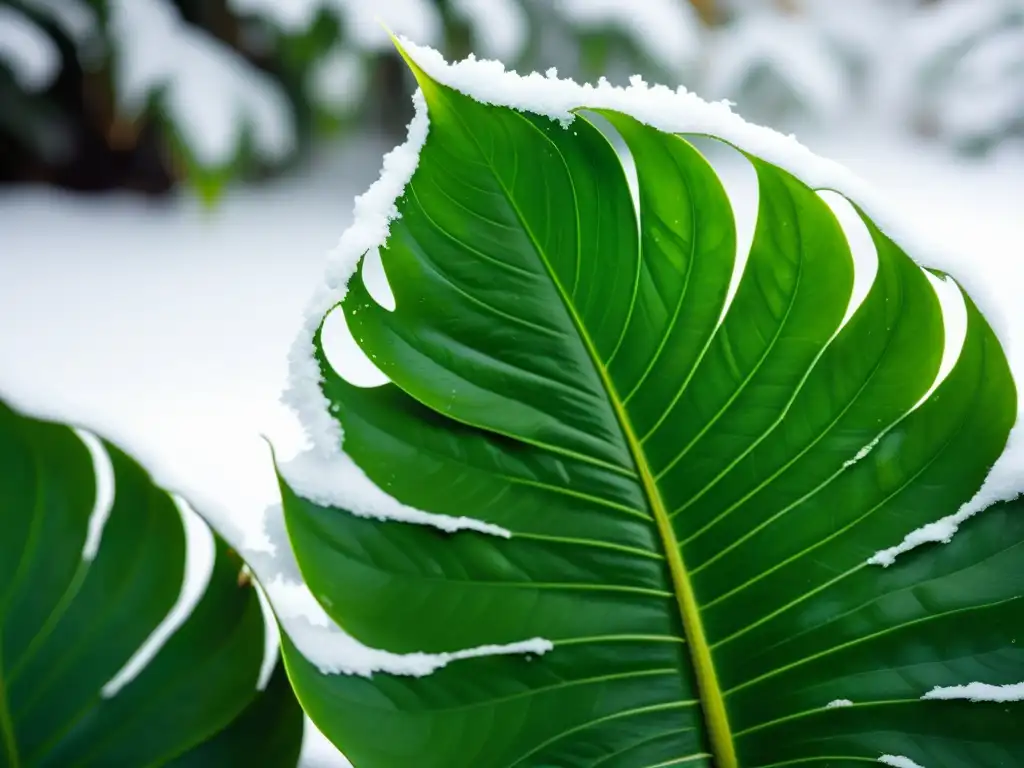 Una exuberante planta tropical contrastada con la nieve, muestra la belleza de cultivar plantas tropicales en climas fríos