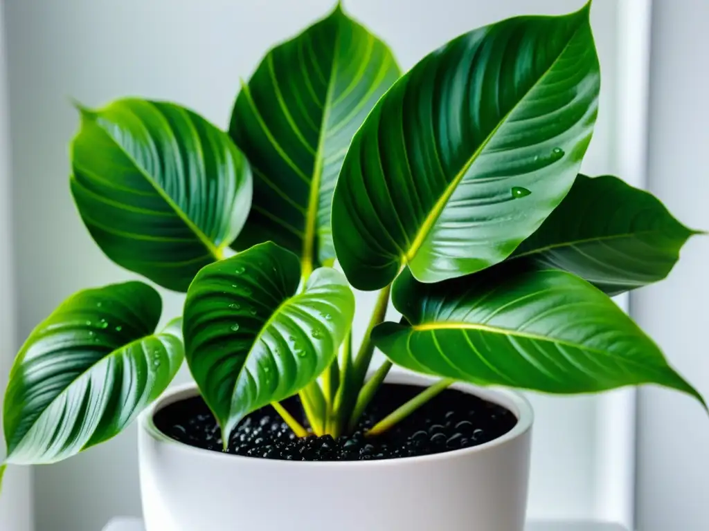 Una exuberante planta tropical en un elegante macetero blanco, ideal para cultivar plantas tropicales en climas fríos