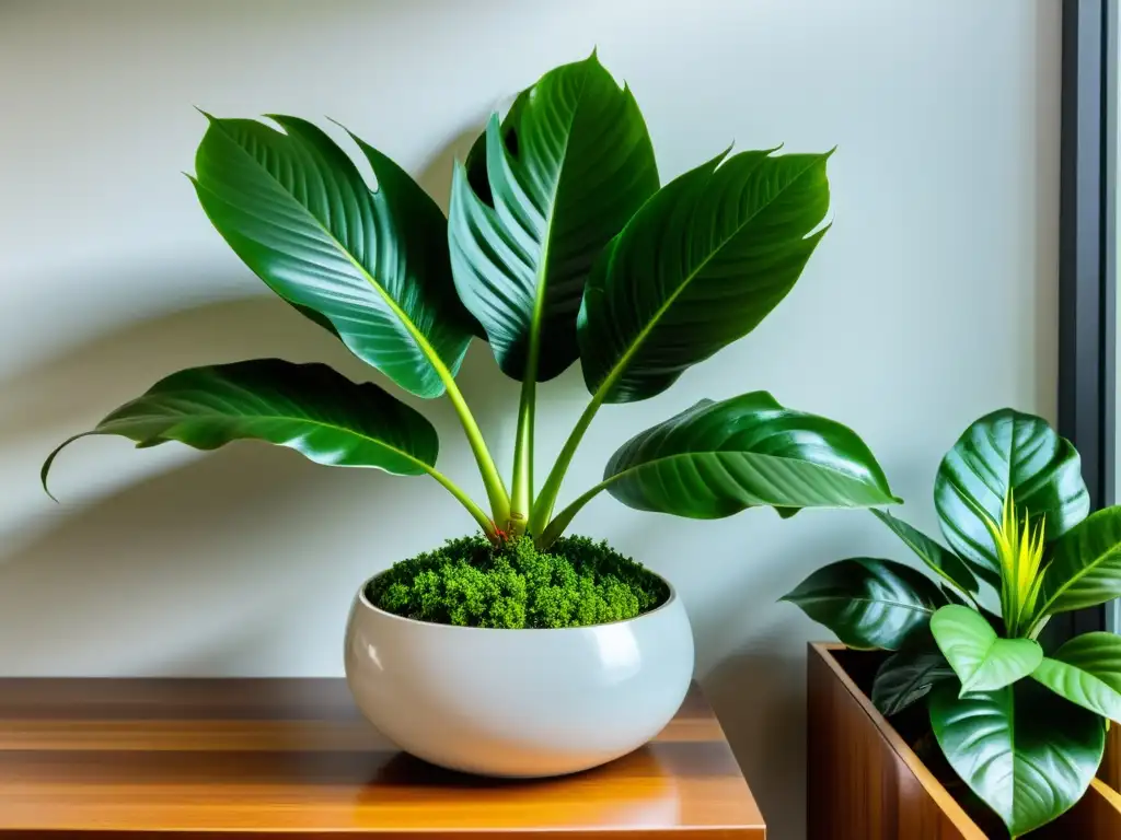 Una exuberante planta tropical en un entorno minimalista, iluminada por suave luz natural