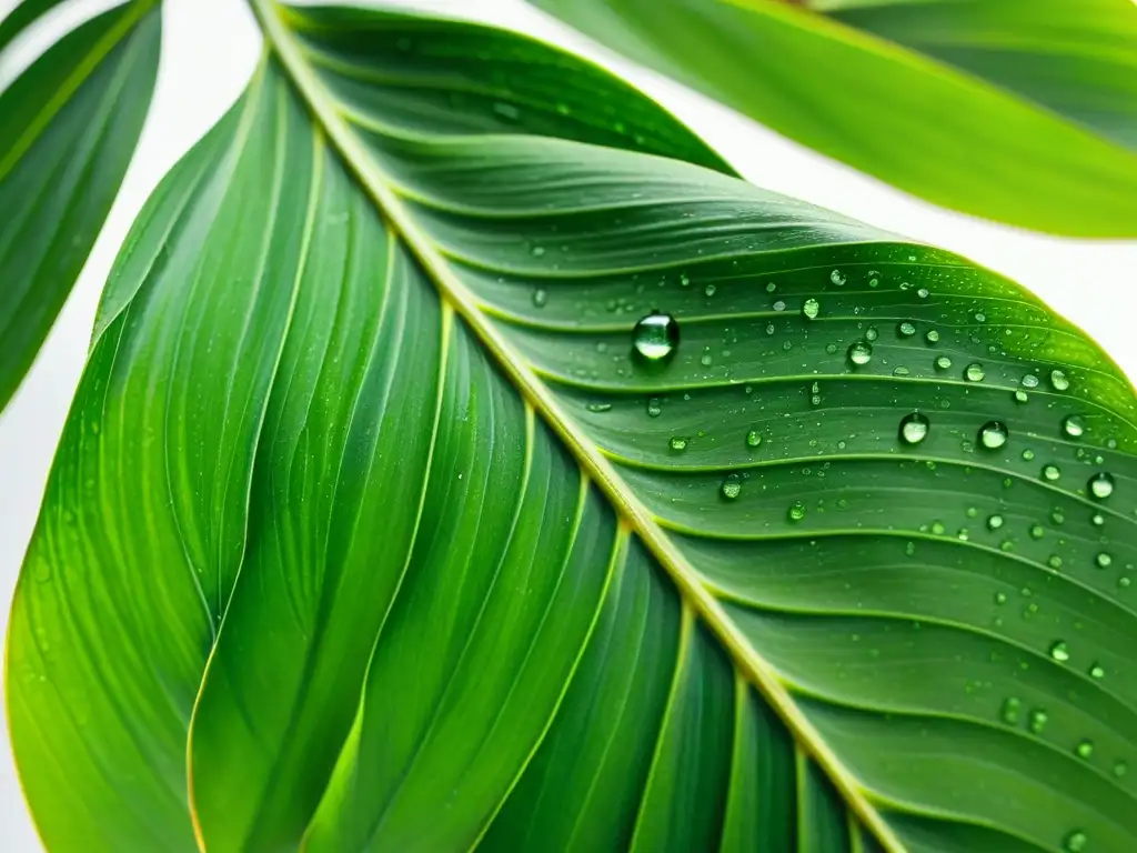 Una exuberante planta tropical con hojas verdes vibrantes y gotas de agua, transmite tranquilidad y vitalidad