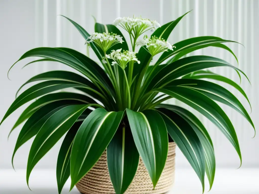 Una exuberante planta de araña verde (Chlorophytum comosum) en primer plano, con delicadas hojas y pequeñas flores blancas, sobre fondo blanco