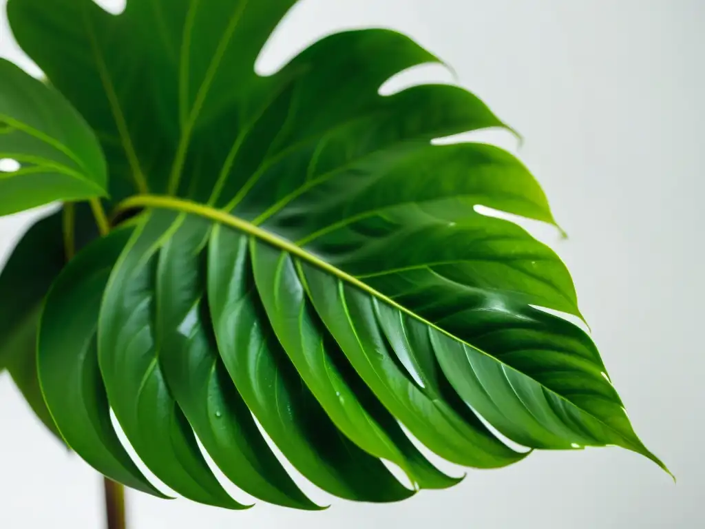 Una exuberante planta de filodendro verde en primer plano, con hojas brillantes y forma de corazón, sobre fondo blanco