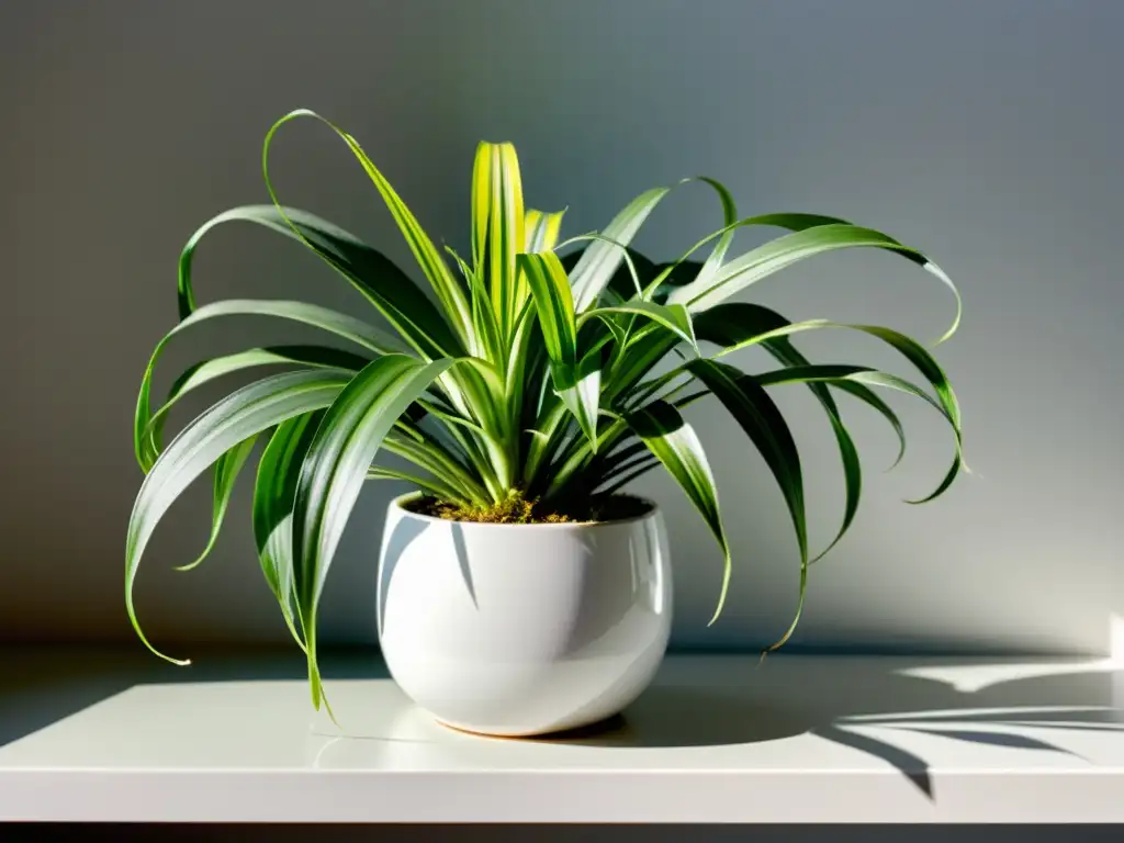 Una exuberante planta araña verde se encuentra en una sencilla maceta blanca sobre una mesa blanca