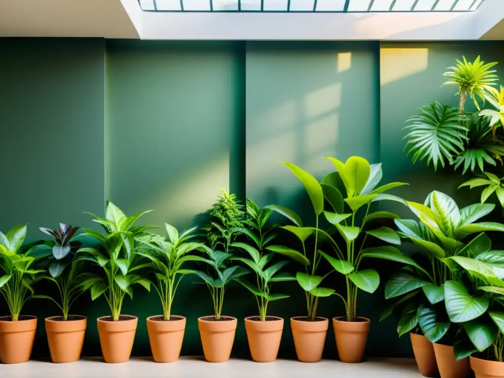 Un exuberante jardín botánico interior con plantas en un ambiente sereno y organizado