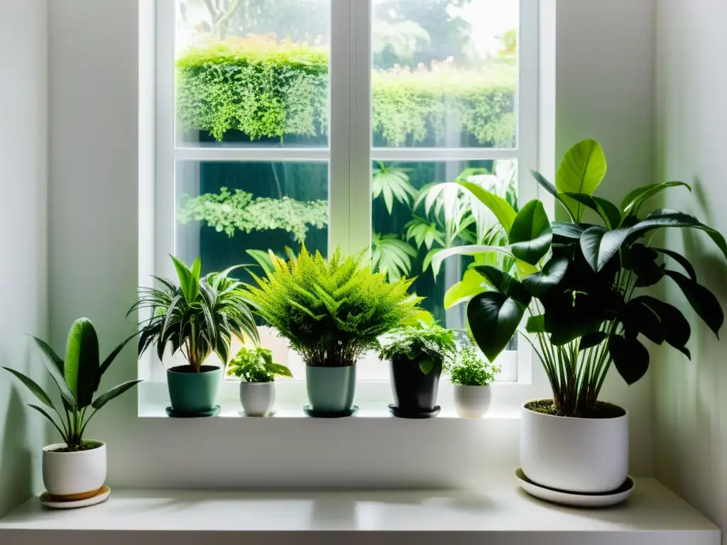 Un jardín interior exuberante con plantas en macetas, bañado por luz natural