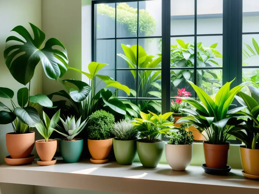 Un jardín interior exuberante con plantas en macetas, iluminado por luz natural suave