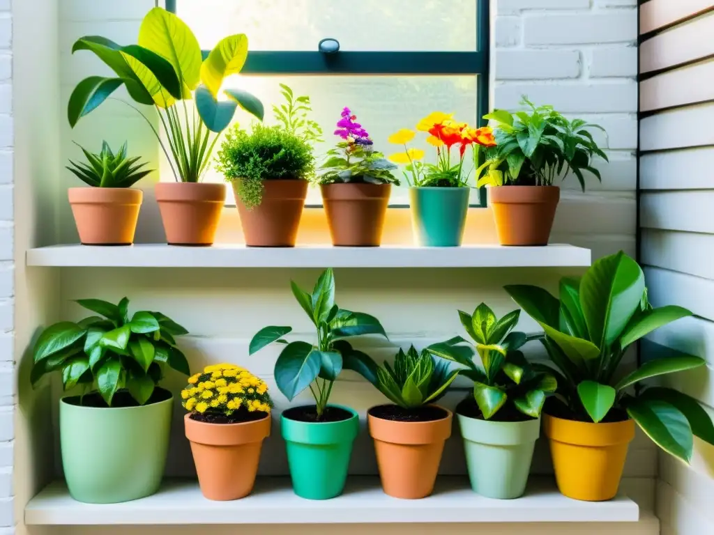 Un jardín exuberante con plantas en macetas ordenadas en estantes de madera, reflejando la jardinería sostenible en espacios reducidos