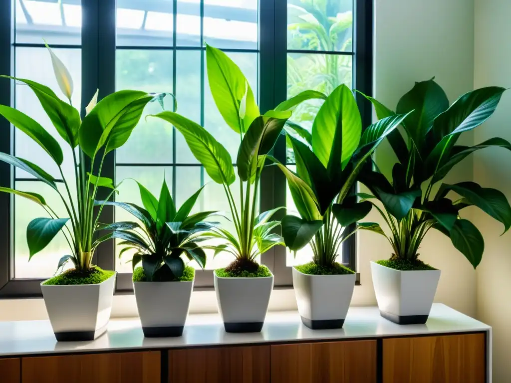 Un jardín interior exuberante con plantas purificadoras de aire, creando una atmósfera serena y acogedora