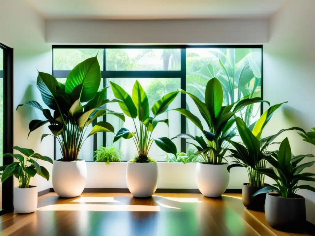 Un jardín interior exuberante con plantas como sansevierias, espatifilos y clorofitos en macetas modernas