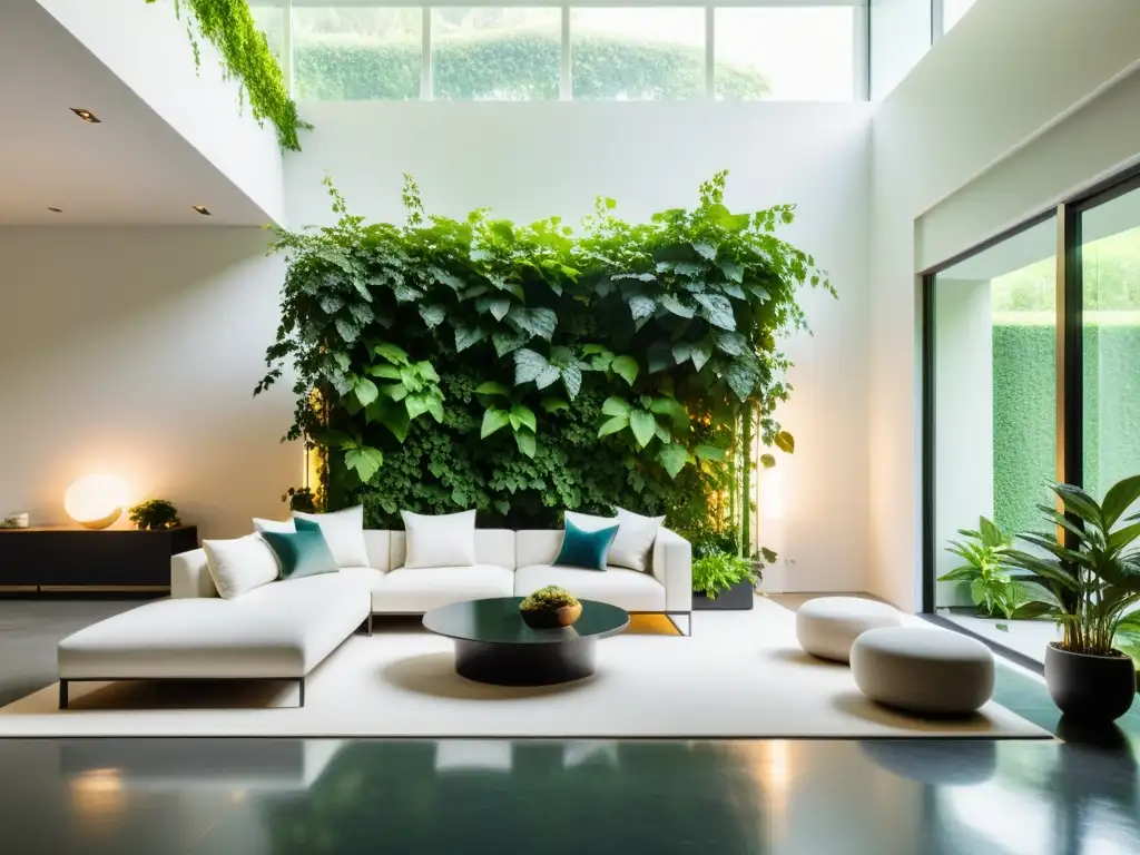 Un jardín interior exuberante con plantas trepadoras para interiores que realzan la elegancia moderna del salón