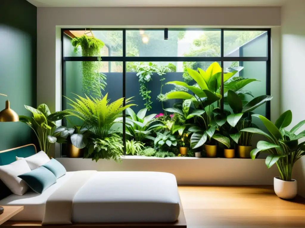 Un jardín interior exuberante con plantas vibrantes bañadas en luz natural, destacando la importancia de la ventilación para plantas