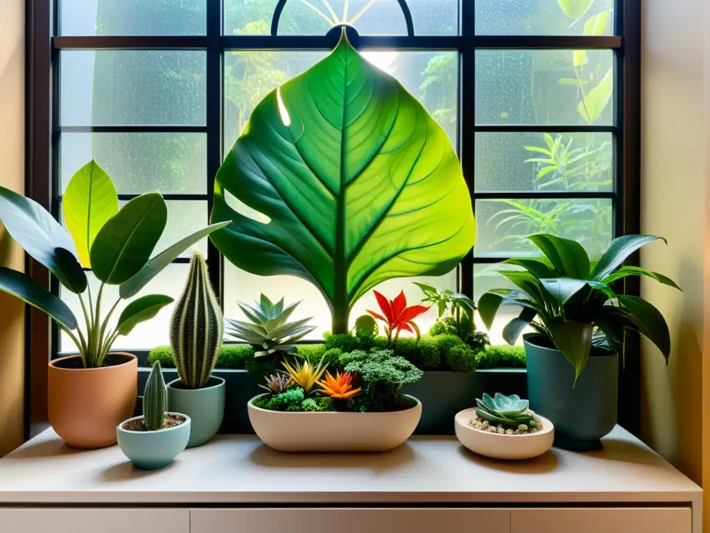 Un jardín interior exuberante con plantas vibrantes representando los signos zodiacales