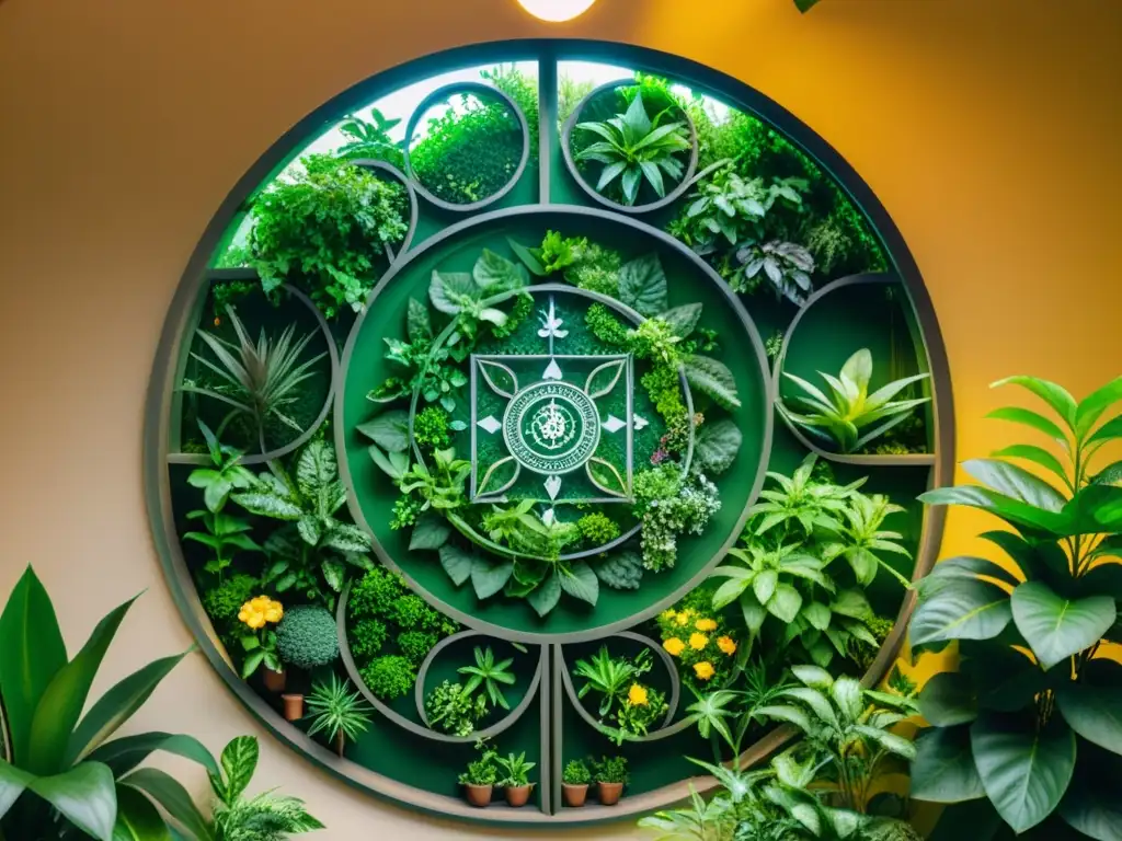 Jardín interior exuberante con plantas zodiacales iluminadas por luz natural