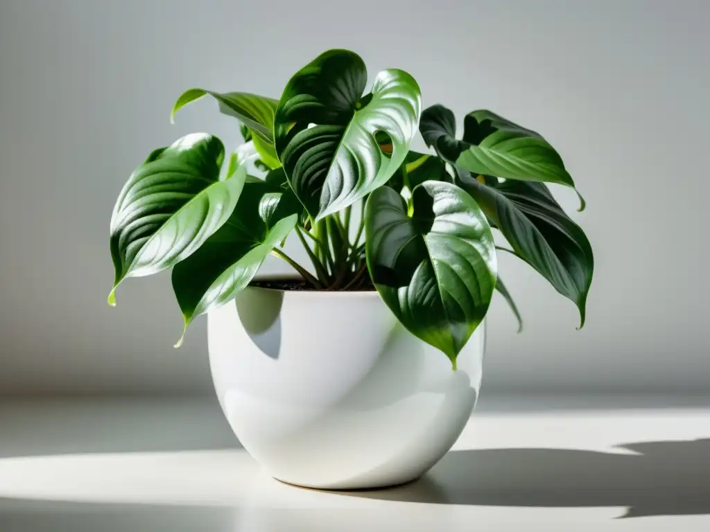 Un exuberante pothos en maceta blanca, fondo blanco con luz suave y sombras delicadas