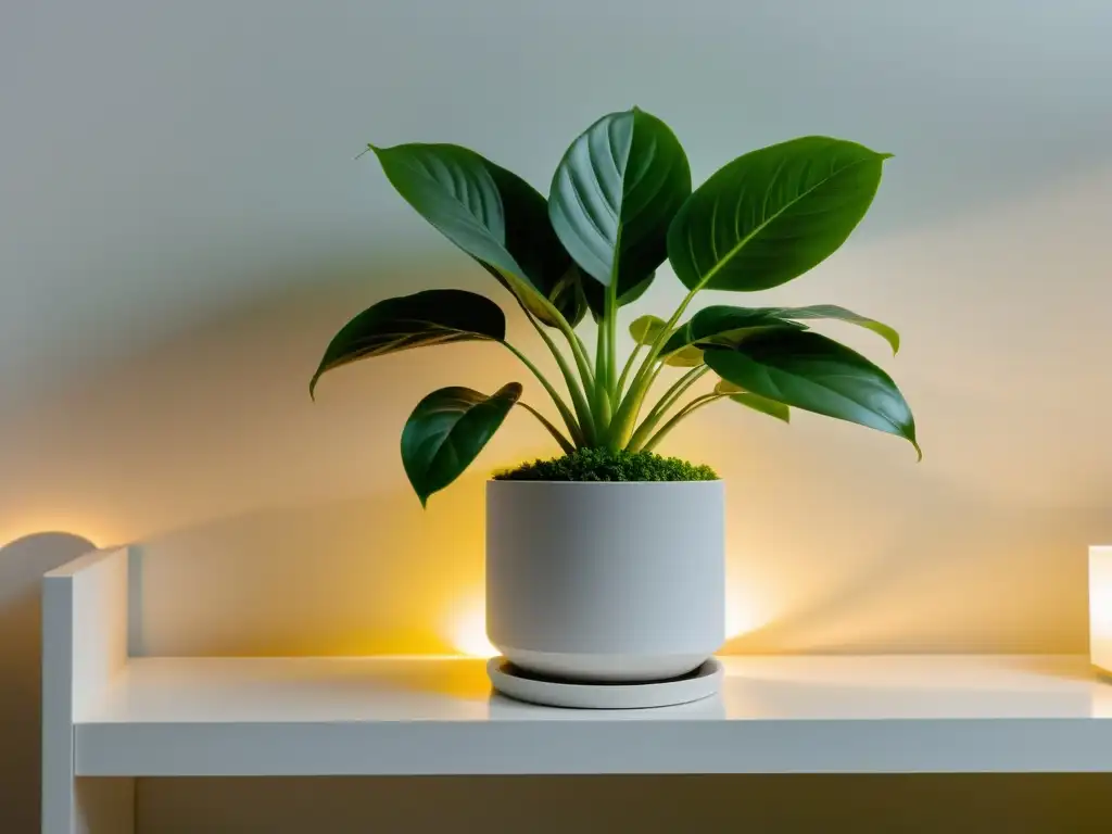 Un exuberante y saludable planta de interior, iluminada por una cálida luz artificial en un espacio minimalista, crea un ambiente sereno