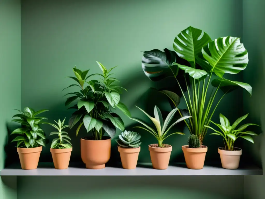 Un jardín interior exuberante y sereno, con plantas de interior que crecen sin sol directo