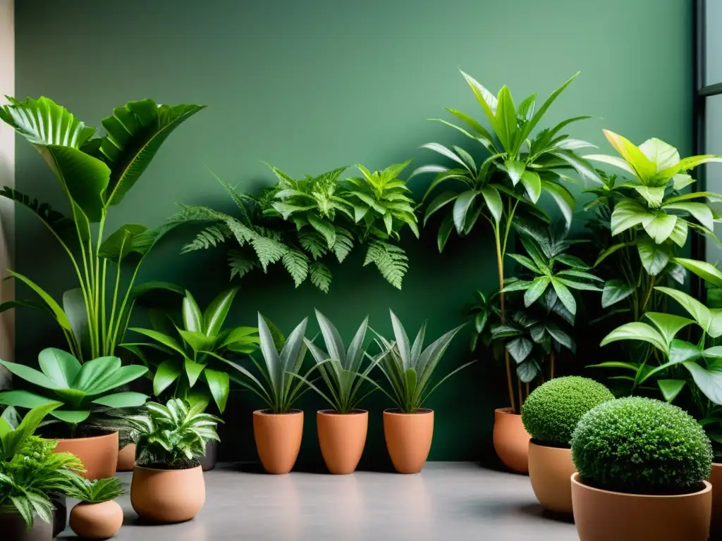 Un jardín interior exuberante y sereno con variedad de plantas en macetas