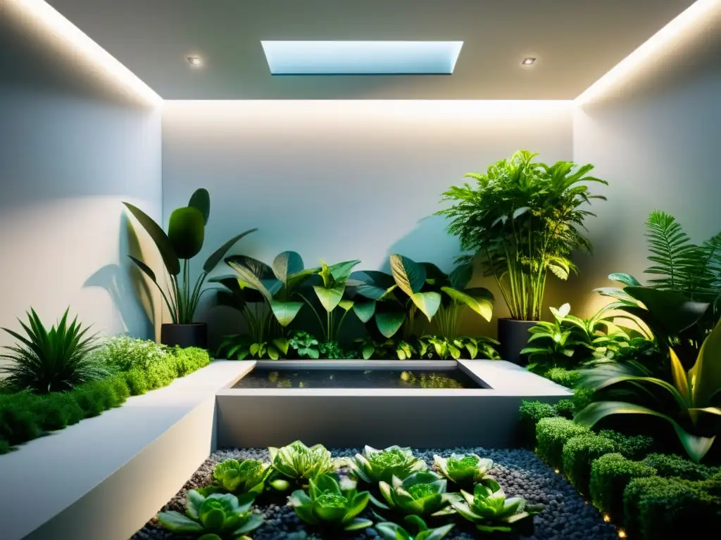 Un jardín interior exuberante y sostenible con un moderno sistema de reciclaje de agua integrado