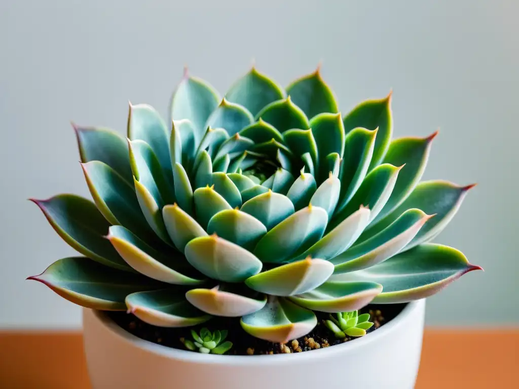 Una exuberante suculenta en una maceta blanca, iluminada por la luz natural, con patrones intrincados