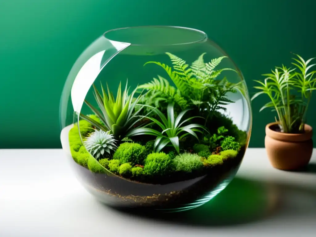 Un exuberante terrario equilibrado de plantas de interior en un elegante recipiente de vidrio