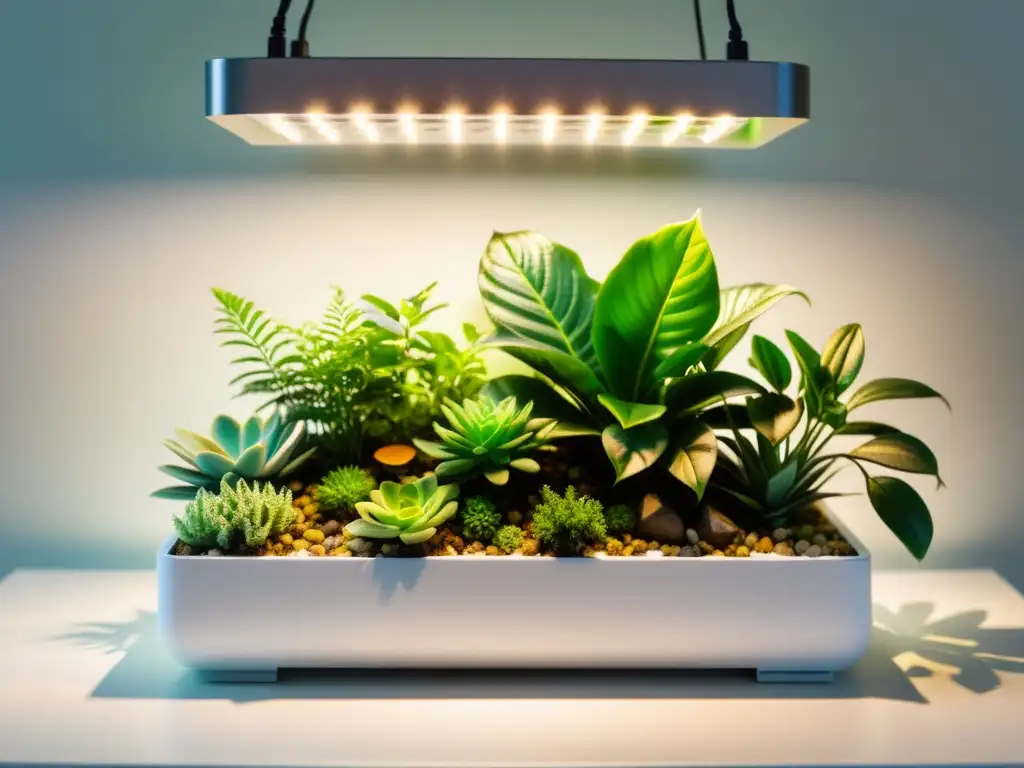 Un exuberante terrario iluminado con cuidado, resaltando la belleza natural de las plantas