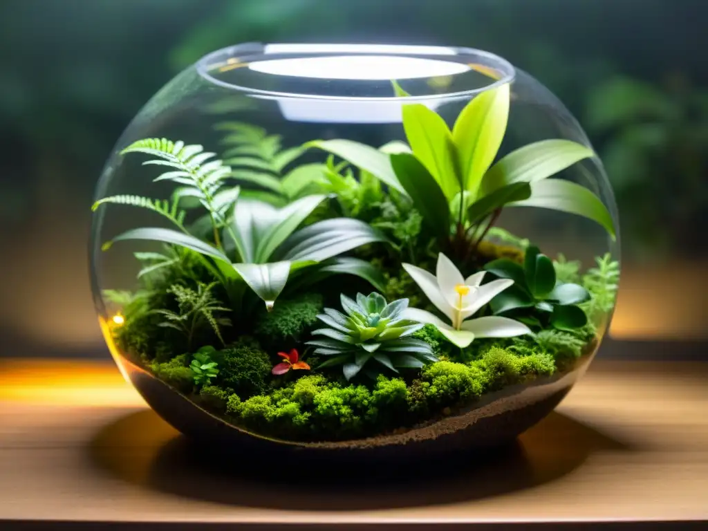 Un exuberante terrario de plantas resilientes en una habitación con luz suave