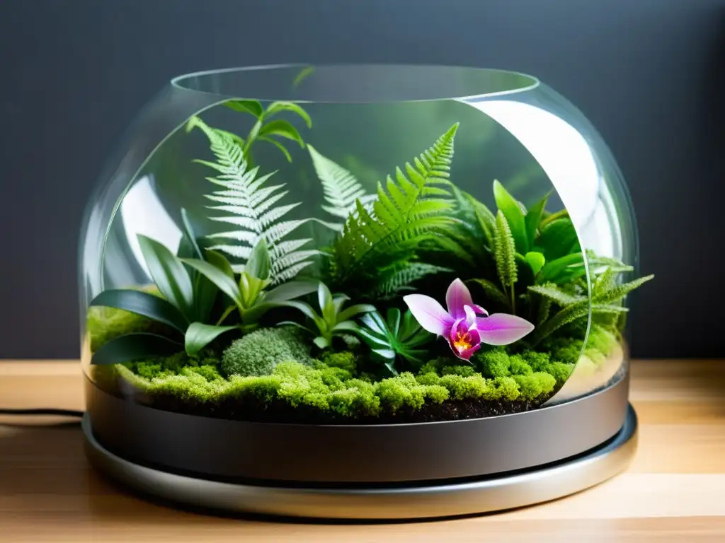 Un exuberante terrario tropical, creando un paisaje natural y jungla en miniatura