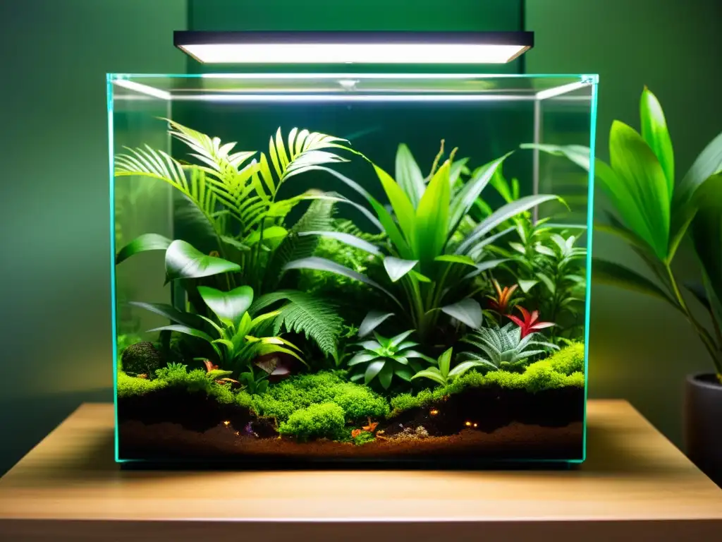 Un exuberante terrario tropical para plantas de interior en un elegante recinto de cristal, fusionando la naturaleza y la modernidad