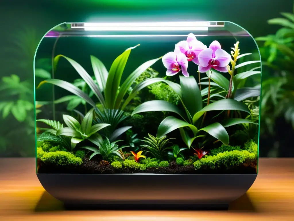 Un exuberante terrario tropical para plantas de interior en un elegante recipiente de vidrio, con una atmósfera serena y armoniosa