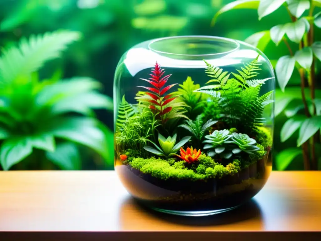 Un exuberante terrario tropical para plantas de interior, con helechos, musgos y flores en un entorno natural y tranquilo