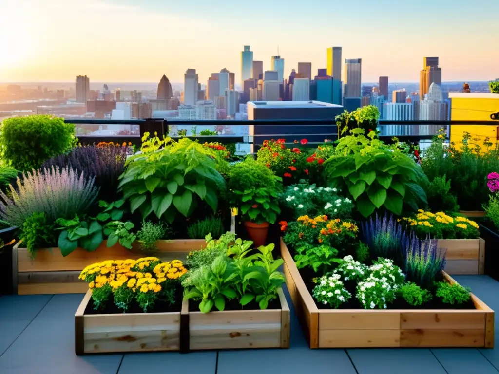 Un exuberante jardín de terraza urbana con plantas, hierbas y flores