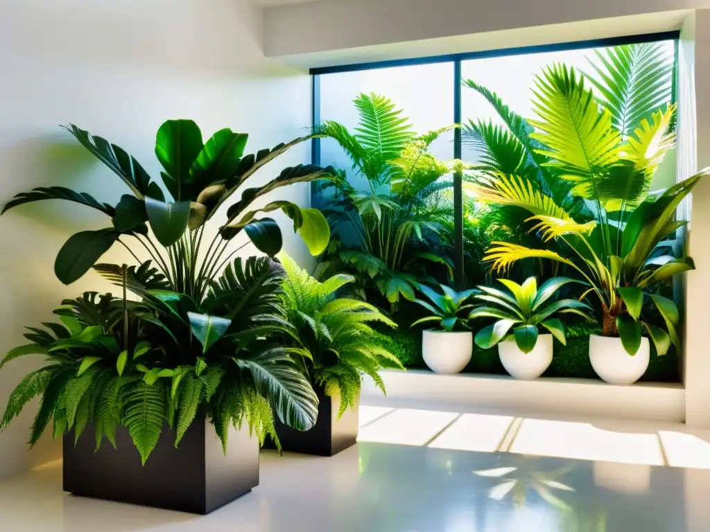 Un exuberante jardín tropical interior con plantas como helechos, palmas y orquídeas en macetas modernas, contra un fondo blanco limpio