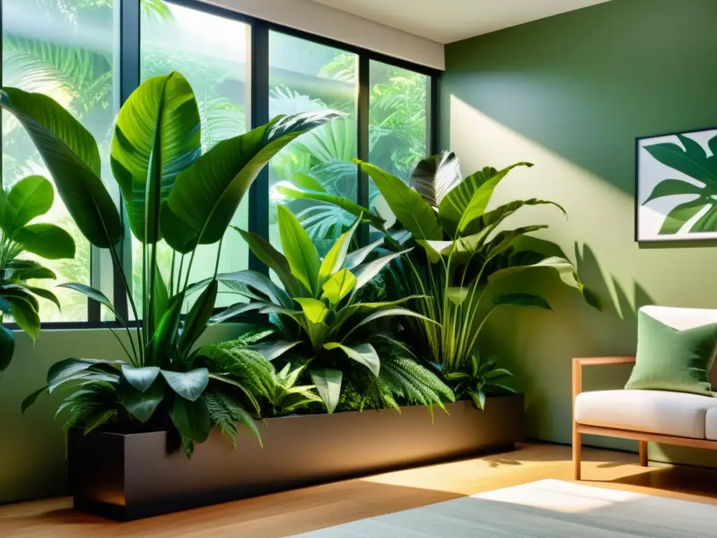 Un exuberante jardín tropical interior con variedad de plantas en modernos maceteros