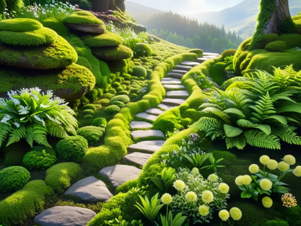 Un exuberante jardín de musgo con variedad de texturas y tonos, sendero de piedra serpenteante y luz filtrándose entre los árboles