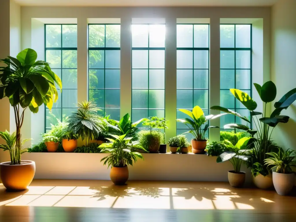 Un jardín interior exuberante y verde bañado por la iluminación natural, con plantas en macetas y follaje iluminados por los rayos de sol