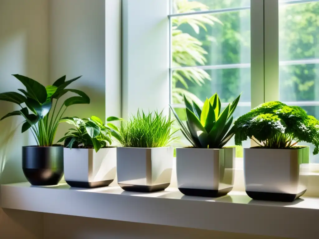 Un jardín interior exuberante y verde con plantas en macetas modernas, bañado por el sol